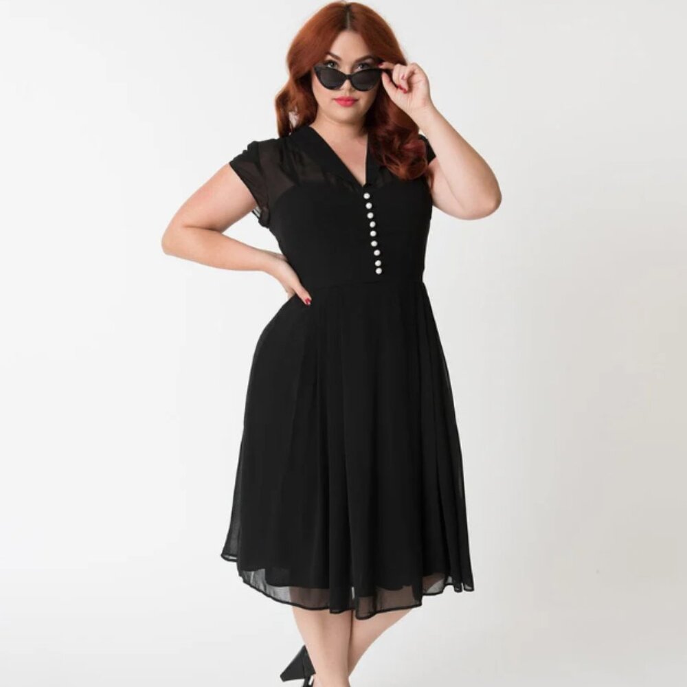 Hell Bunny Plus Size Black Chiffon Cap Sleeve Paige Flare Dress
